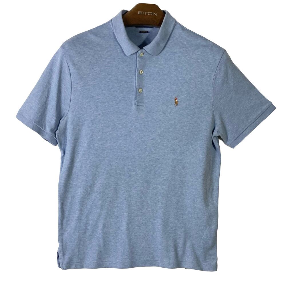 POLO RALPH LAUREN Polo Shirt Mens M Blue Classic-Fit Heathered Pony-Logo Cotton